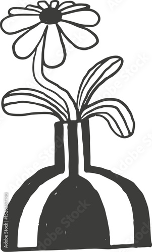 Black and white flower vase doodle. Hand drawn childish vector illustration.