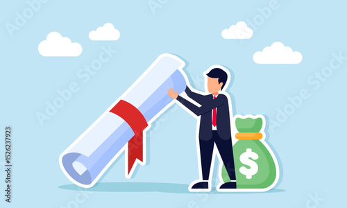 Businessman standing next to money bag while supporting a ribboned document illustration of official financial document of a business company