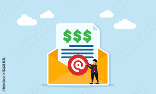 Businessman placing mention symbol on envelope containing document with three dollar signs illustration of business company financial report