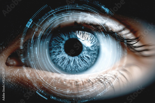 Close-up of a human eye enhanced with digital interface elements, symbolizing futuristic technology, biometric scanning and cybernetic vision in high-tech visual style.