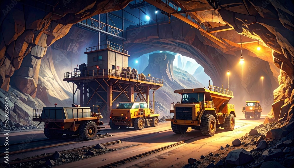 Obraz premium Digital Illustration Underground Mining Site with Layered Rock Formations and Heavy Machinery