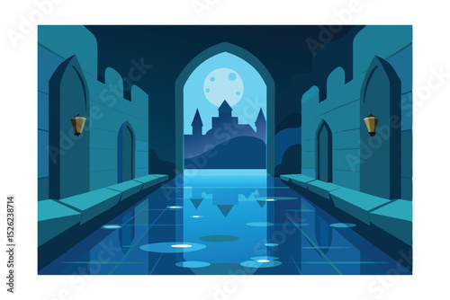 Enchanted Castle Passage A Nighttime View of a Mysterious Medieval Fortress Reflected in Still Water