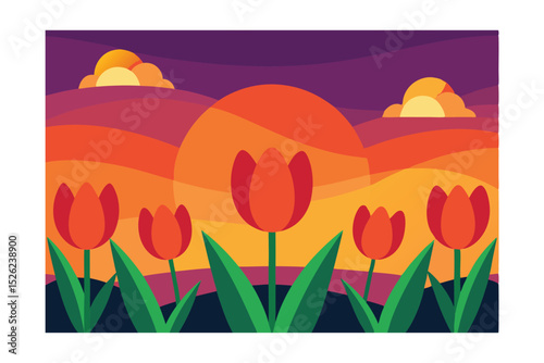Sunset Tulips Vibrant Floral Illustration of a Serene Evening Landscape