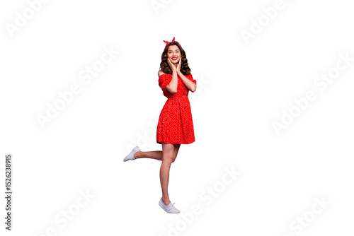 Full length body size photo of nice charming girlish fascinating girl turned posing in front of camera while isolated with violet background