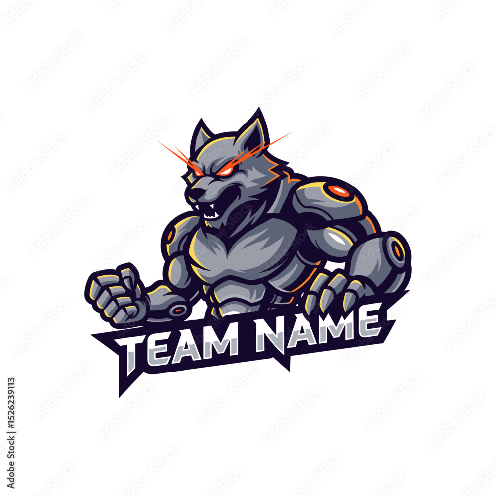 Fototapeta premium Illustrative E-sports Mascot Logo Featuring Robotic Wolf for Professional Gaming Tournament and Digital Platforms With Vector Design