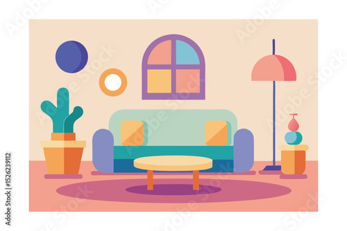 Modern Living Room Interior Design Colorful Sofa, Plants, and Geometric Decor