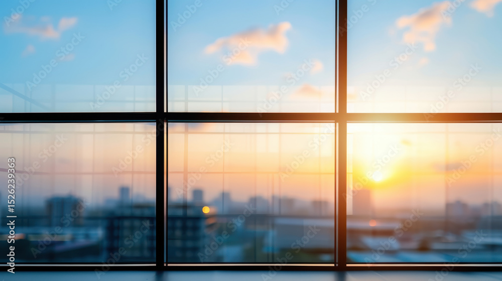 Fototapeta premium A city skyline is visible through a window with a sun setting in the background