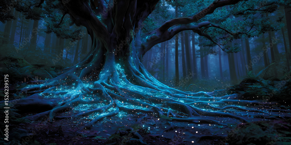 Fototapeta premium Tree With Radiant Roots in Quiet Mystical Forest