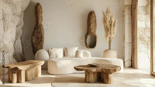 Organic modern living room with beige sofa, wooden coffee tables, and natural wall art