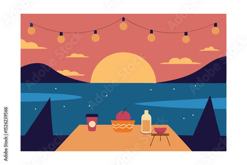 Sunset Picnic by the Lake Tranquil Evening Illustration