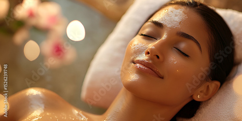 Serene woman enjoying facial spa therapy with glowing skin, Skincare and beauty wellness in luxury spa, Relaxation and rejuvenation during spa facial session

