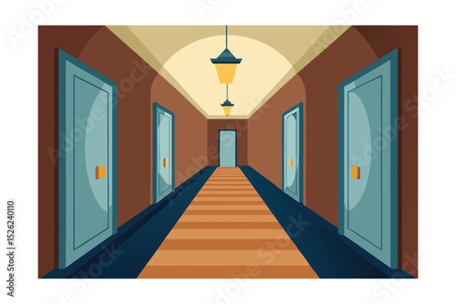 Mysterious Hotel Corridor A captivating hallway illustration featuring doors, lights, and a long perspective.