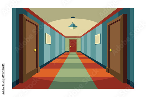 Mysterious Hotel Corridor A Long Perspective of Doors and Hallway