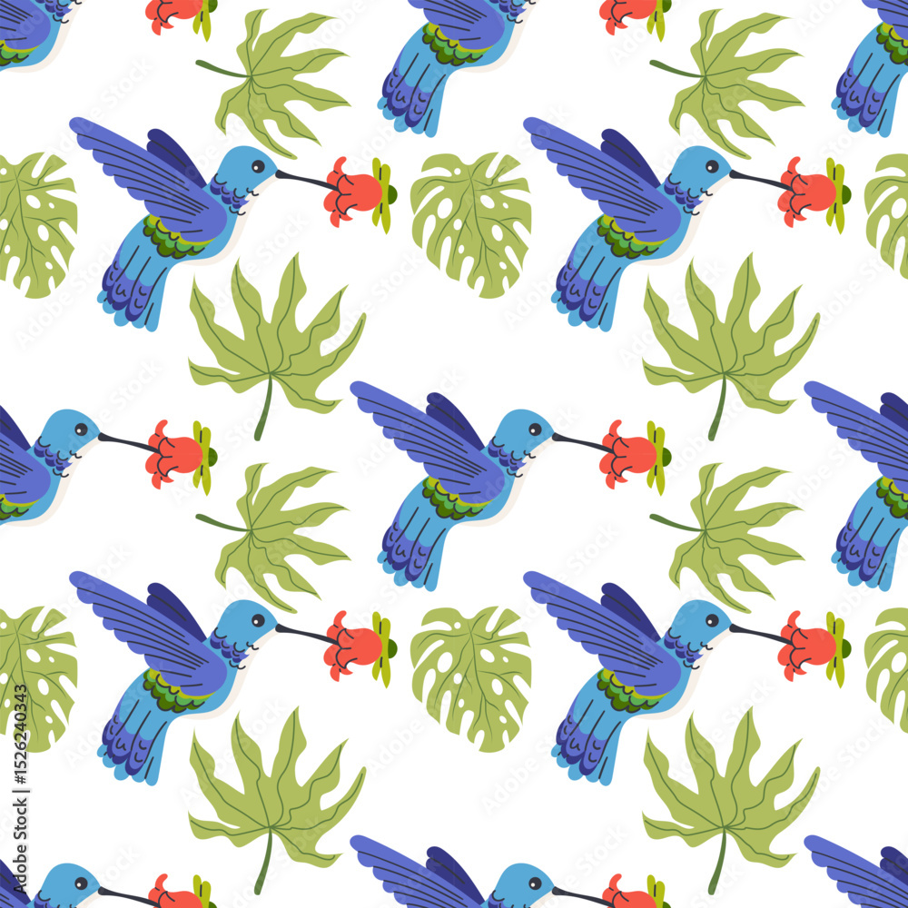 Fototapeta premium Seamless textile trendy vector pattern with exotic birds on a branch in tropical nature in exotic with tropical leaves abstract painting .Hand drawn illustration for fabric , paper and web design .
