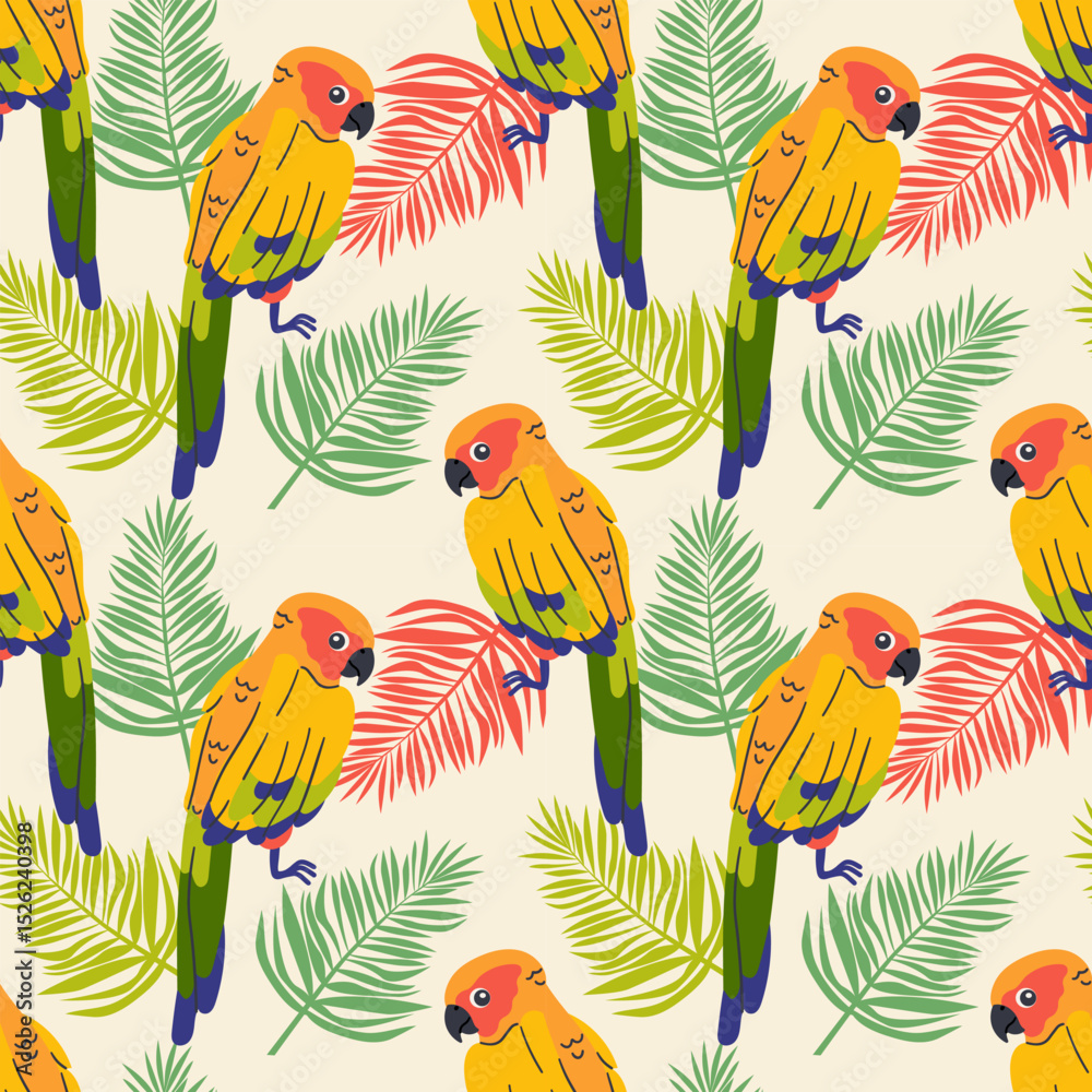 Fototapeta premium Seamless textile trendy vector pattern with exotic birds on a branch in tropical nature in exotic with tropical leaves abstract painting .Hand drawn illustration for fabric , paper and web design .