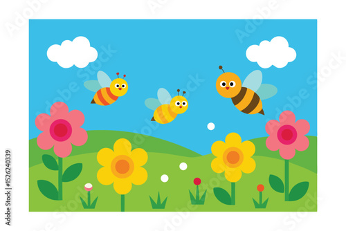 Adorable Cartoon Bees Flying Over Colorful Flowers in Sunny Meadow