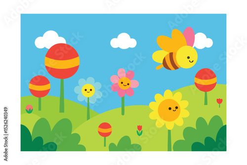 Charming Bee and Blooming Flowers in a Sunny Meadow Illustration