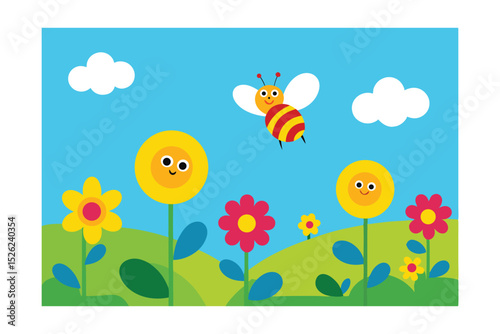 Cheerful Bee and Flowers A Sunny Day Illustration