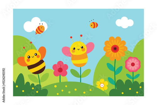 Adorable Bumblebees and Flowers A Delightful Springtime Illustration