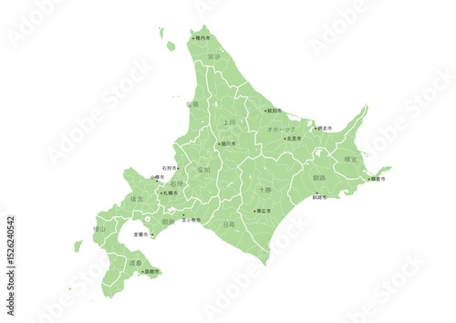 日本の都市、北海道の都市名や行政区分付きの地図（市町村の地名や、行政区分の線付き）