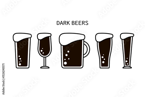 様々なグラスに注がれた黒ビールのイラスト