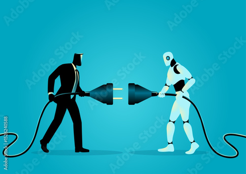 Businessman and Robot Connecting Plugs, human AI collaboration concept illustration