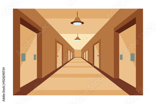 Long Hotel Corridor Interior Design, Doors, Lighting, and Perspective