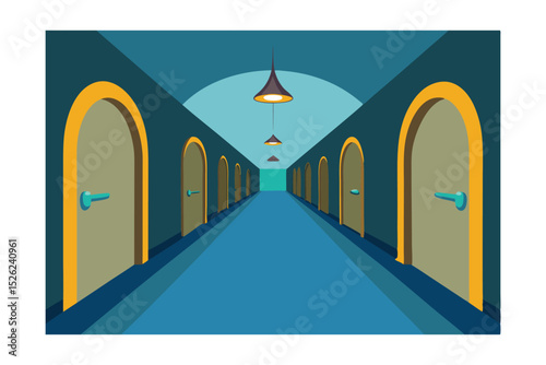Mysterious Corridor Doors and Lights in a Long Hallway Illustration
