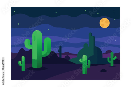 Serene Night in the Desert Cactus Landscape under the Moon