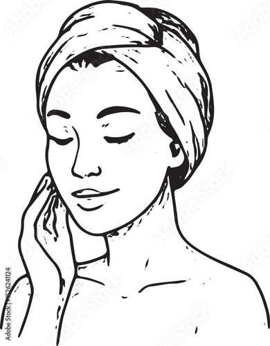 A black-and-white sketch of a woman with a towel on her head, applying cream to her face with closed eyes, perfect for skincare, beauty, and relaxation-themed designs