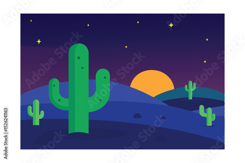 Desert Night Scene Cacti Silhouette Under Starlit Sky