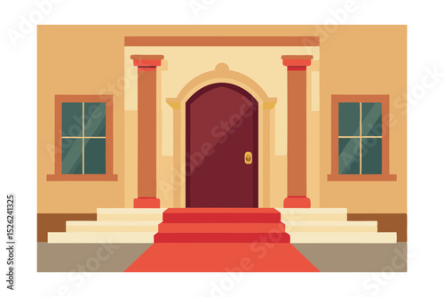 Grand Entrance Elegant Mansion with Red Carpet and Classical Columns