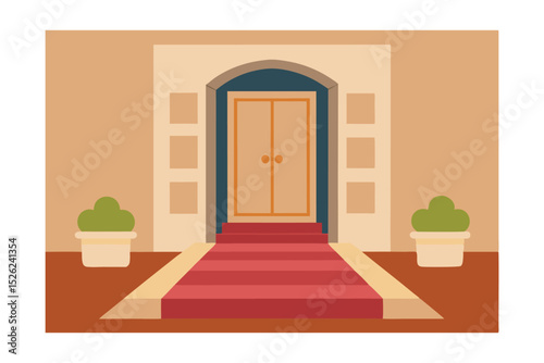 Elegant Building Entrance Grand Double Doors, Red Carpet, and Lush Greenery