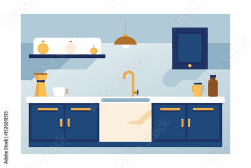 Modern Kitchen Design Blue Cabinets, Gold Accents, and Clean Lines