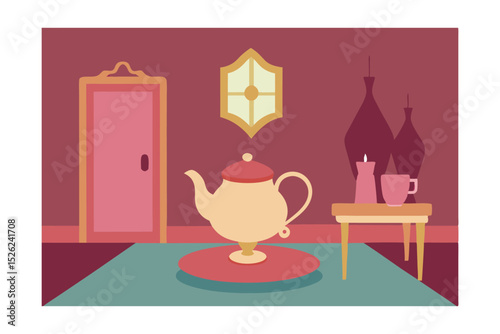 Enchanted Teapot in a Mysterious Room A Whimsical Illustration