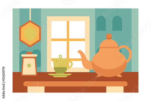 Cozy Kitchen Window Scene Tea Time Illustration with Rustic Charm