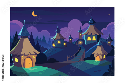 Enchanted Night Village Fantasy Hilltop Houses and Mystical Night Sky