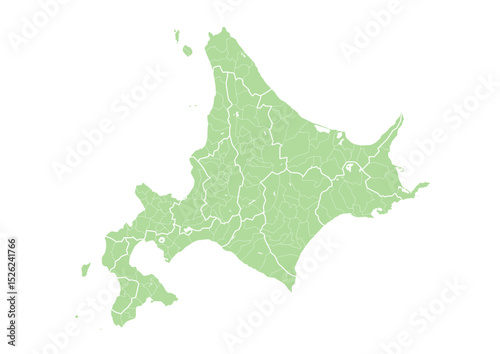 日本の都市、北海道の行政区分付きの地図（行政区分の線付き）