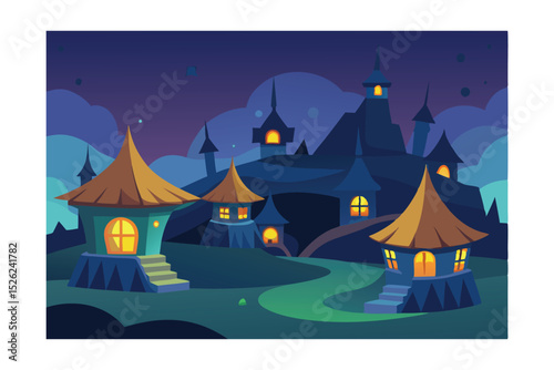 Enchanted Night A Mystical Village nestled on a Hilltop, Illuminated by Glowing Lights