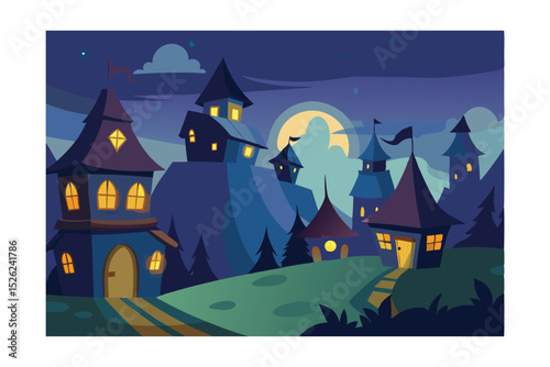 Enchanted Night A Fairytale Village on a Hilltop Under the Moon