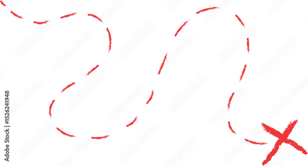 Treasure map element. A dashed line and red X mark ink on the map, the treasure map with a dotted line, X marks the spot, dashed line to an X, red ink	
