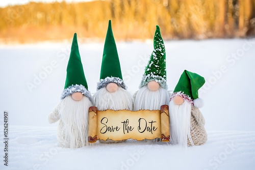 Festive gnome friends announce save the date on a winter landscape