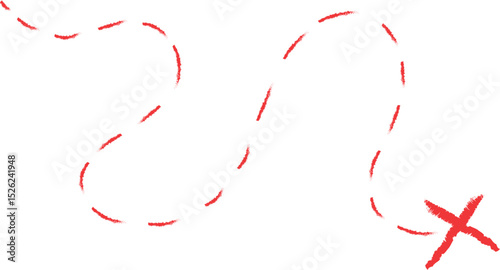 Treasure map element. A dashed line and red X mark ink on the map, the treasure map with a dotted line, X marks the spot, dashed line to an X, red ink	
