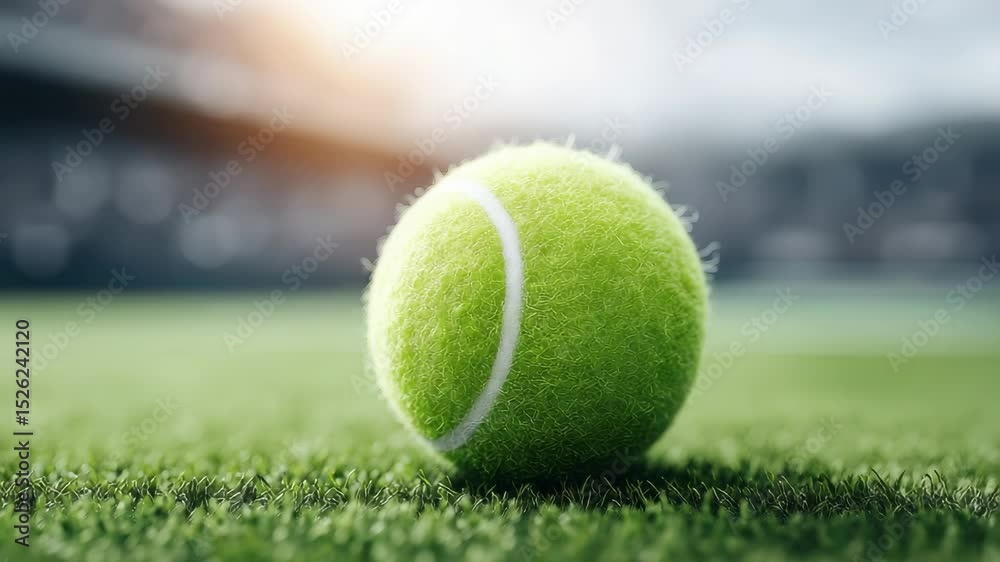 Bright Green Tennis Ball on Fresh Grass Court at Sunset Glow Bright Green Tennis Ball on Fresh Grass Court at Sunset Glow