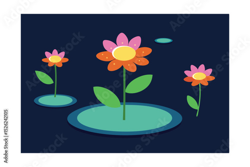 Vibrant Floral Illustration Three Blooming Flowers on Lily Pads