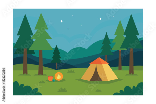 Serene Night Camping Scene Illustrated Mountain Campsite under Starry Sky