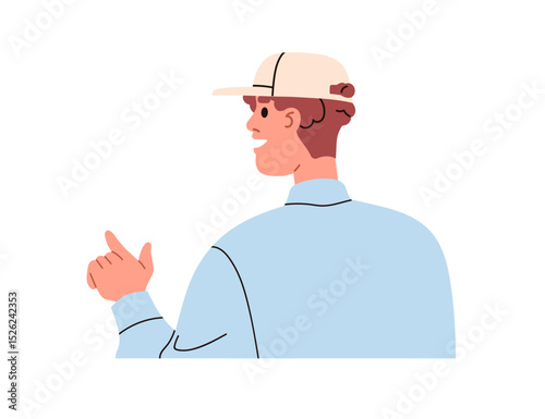 Man talking and pointing, showing with finger, back view. Smiling male character from behind, gesturing with hand, speaking, asking, explaining. Flat vector illustration isolated on white background