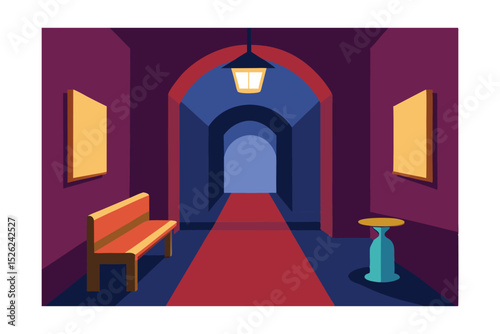 Mysterious Archway Corridor A captivating digital illustration of a dimly lit hallway with arched doorways, leading to an unknown destination.