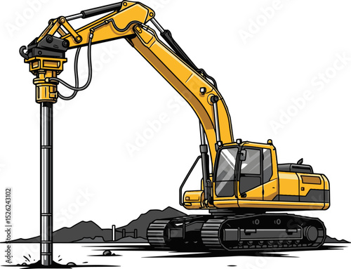 Excavator with Pile Driver Construction Vector