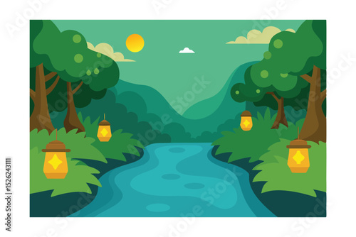 Serene River Landscape Lush Greenery, Gentle Stream, and Warm Lantern Light
